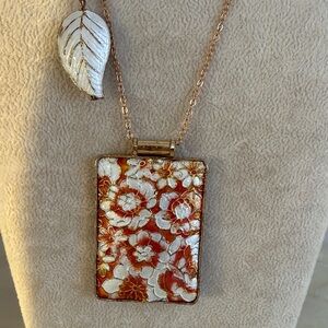 Floral Cloisonne Pendant Necklace in Gold Orange